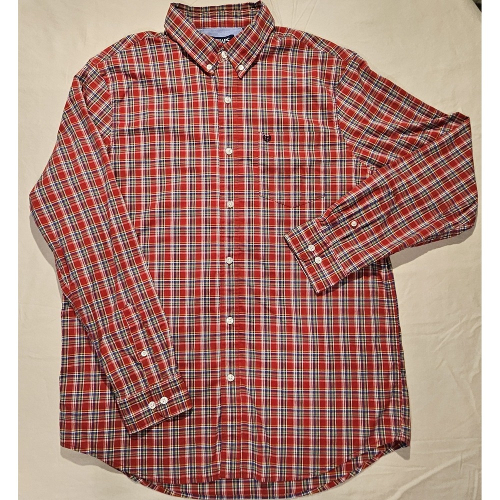 Chaps Stretch Button Down Shirt Mens XL‎ Red Plaid Long Sleeve Classic Fit